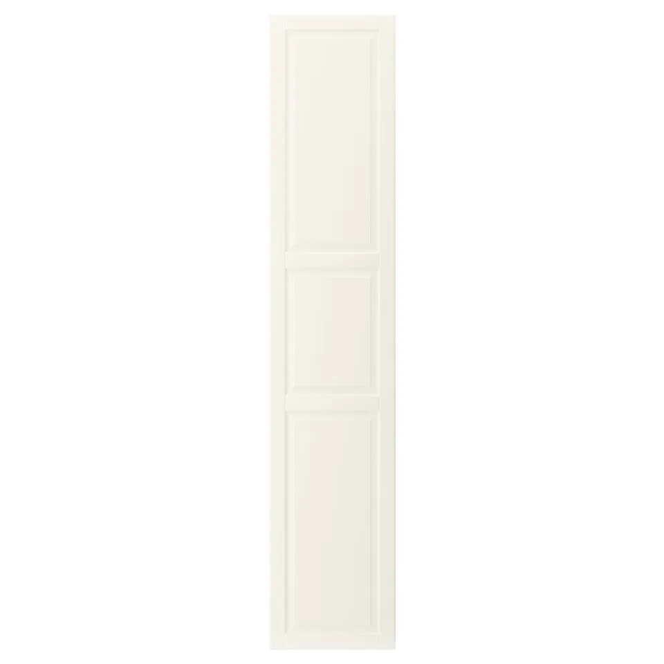 BODBYN off-white cabinet door, classic design with bevelled panels, lacquered smooth finish, rectangular shape.