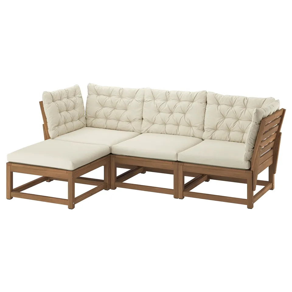 NÄMMARÖ 3-seat sofa, outdoor with footstool/light brown stained Kuddarna light grey-beige, 210 cm