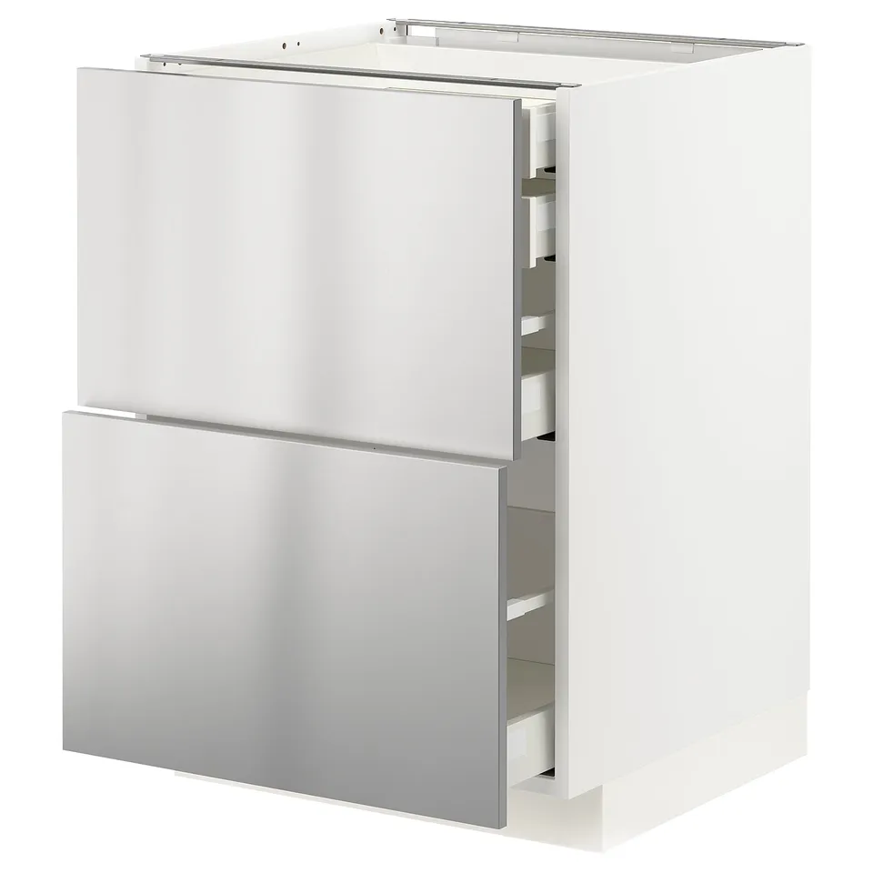 Modern white kitchen cabinet set with stainless steel drawers, sleek, minimalist design, includes two drawers and one door.