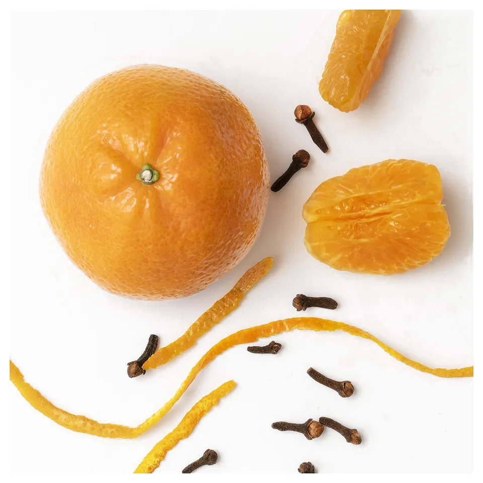 Top view of an orange and clove spices on a white surface. Includes dried orange slices and orange peel curls.