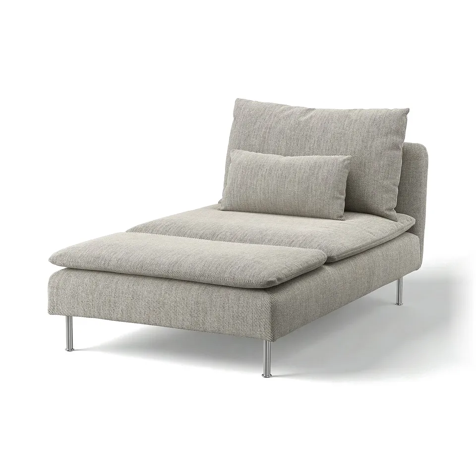 Modern grey fabric chaise lounge with metal legs and two cushions.