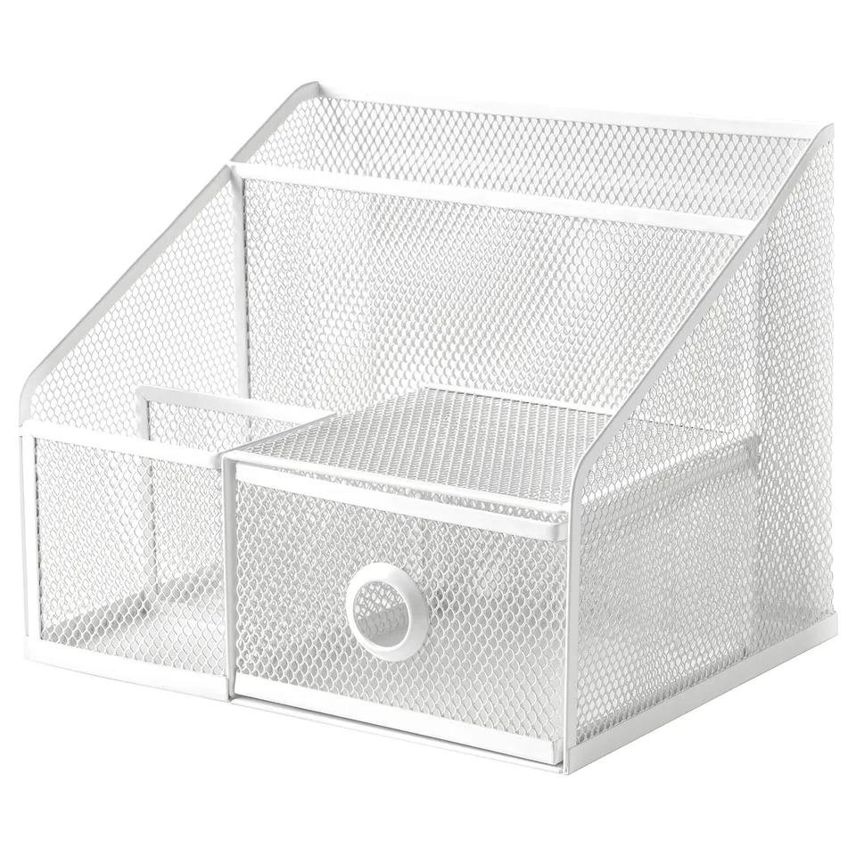 White mesh desk organiser, DRÖNJÖNS, three tiers, one drawer, modern design.