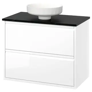 ÄNGSJÖN / LERSJÖN wash-stnd w drawers/wash-basin, high-gloss white/black marble effect, 82x49x79 cm