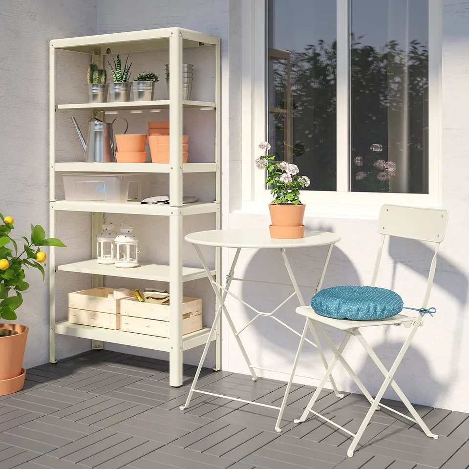 KOLBJÖRN white metal shelving & table set; small, fits patio.