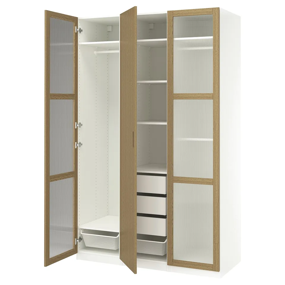 White and wood PAX wardrobe with open doors, shelves, drawers, and mesh basket.