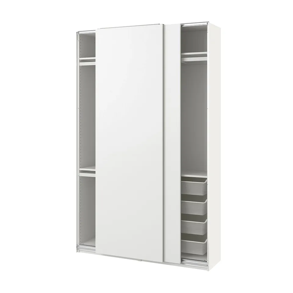 A white PAX wardrobe with sliding doors and mesh baskets.