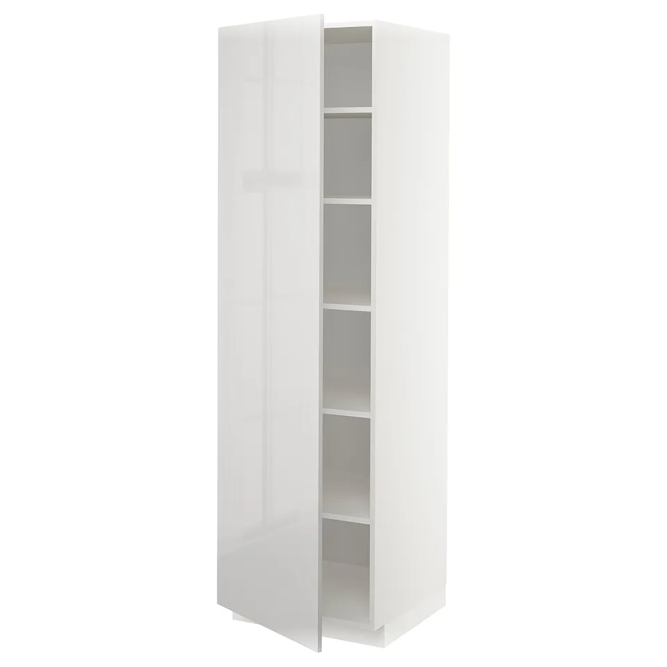 A white, tall storage cabinet with a glossy finish, featuring four adjustable shelves inside.