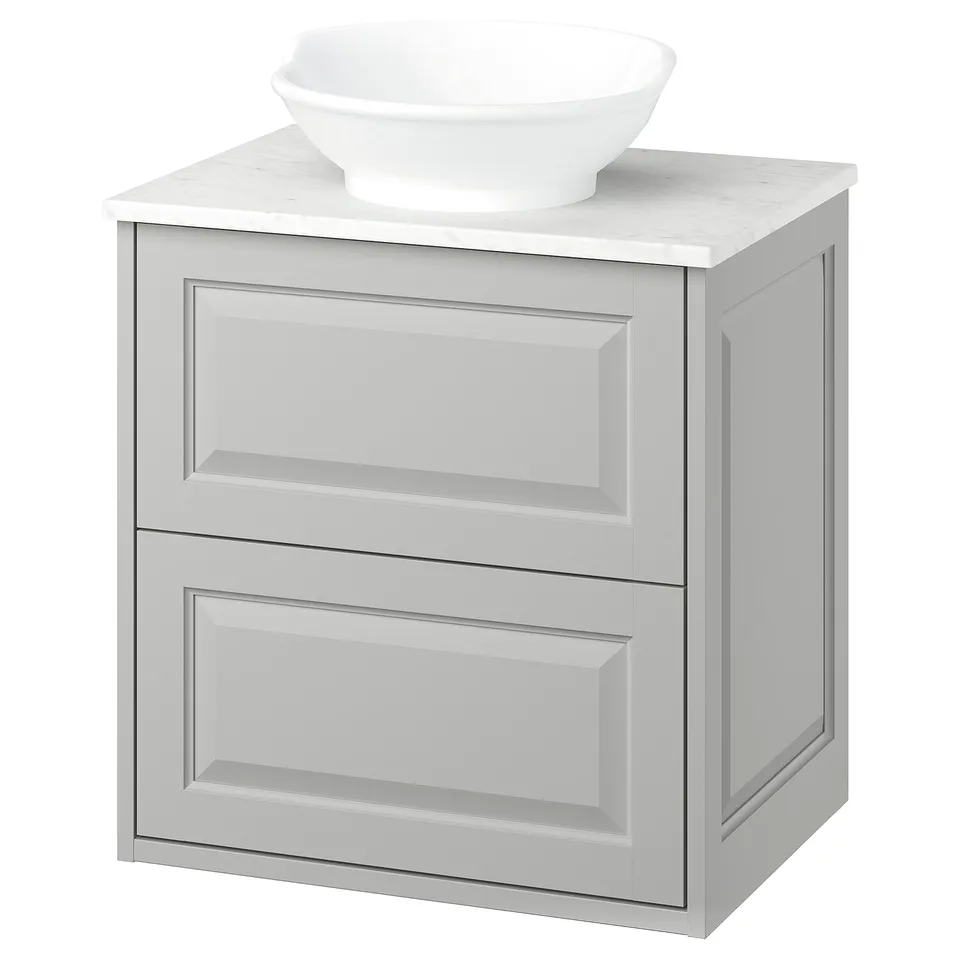 TÄNNFORSEN light grey bathroom vanity with marble top and round white basin.