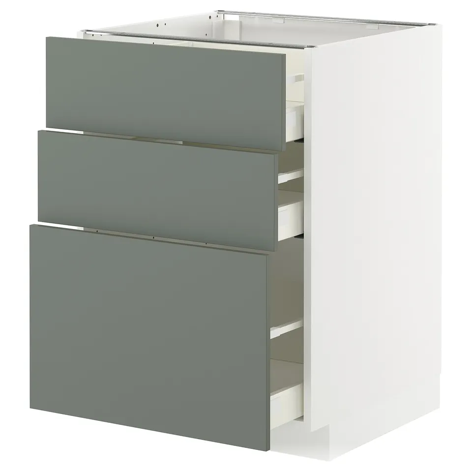 METOD kitchen cabinet with 3 green-gray drawers and white frame