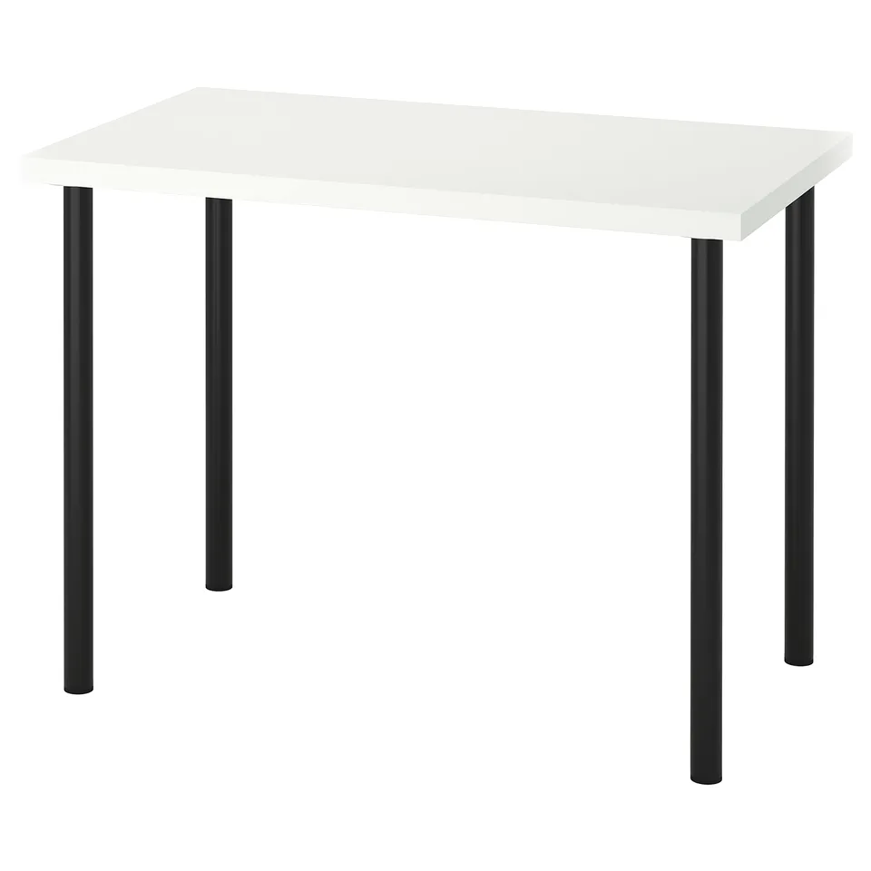 LINNMON white desk, four black legs, rectangular shape with sleek design.