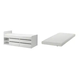 SLÄKT/ÅFJÄLL set: bed frame w storage+slatted bedbase + foam mattress