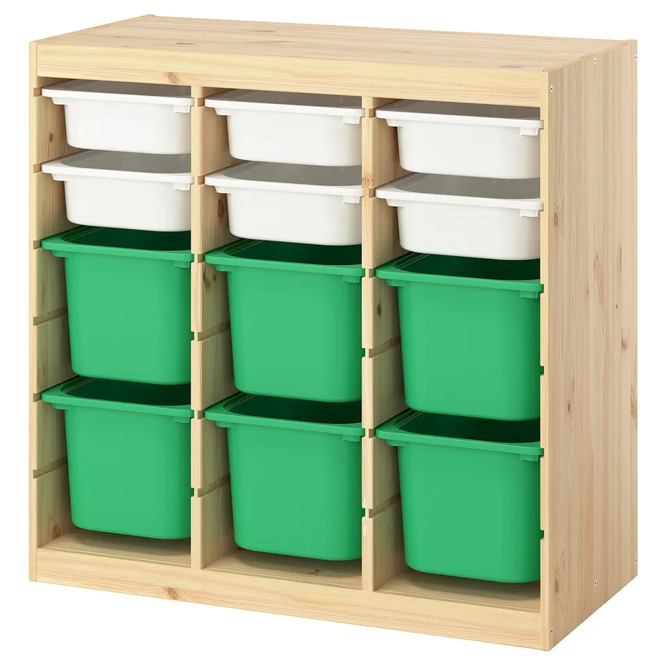 TROFAST Storage combination with boxes, room divider light white stained pine/white bright green, 93x44x91 cm