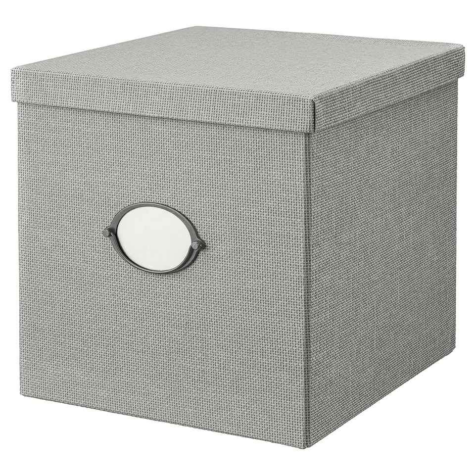 Grey KVARNVIK storage box with lid and label holder, woven recycled paperboard, check-pattern lining.