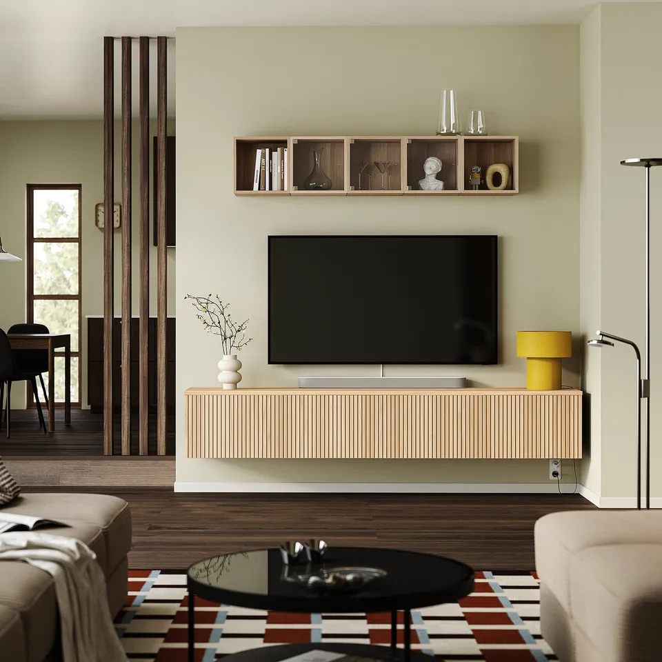 BESTÅ TV bench with doors, black-brown/Björköviken oak veneer, 240x42x40 cm