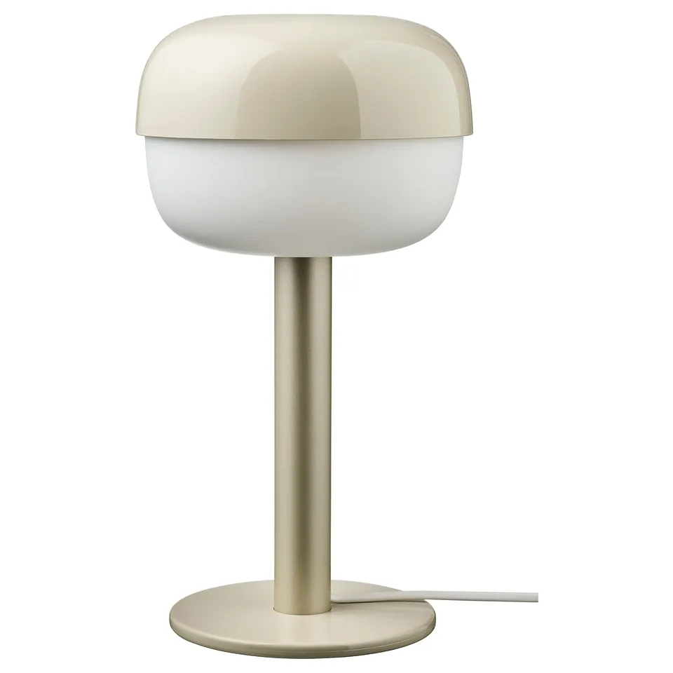 BLÅSVERK lamp, beige, round shape, modern design, aluminium tube, plastic shade.