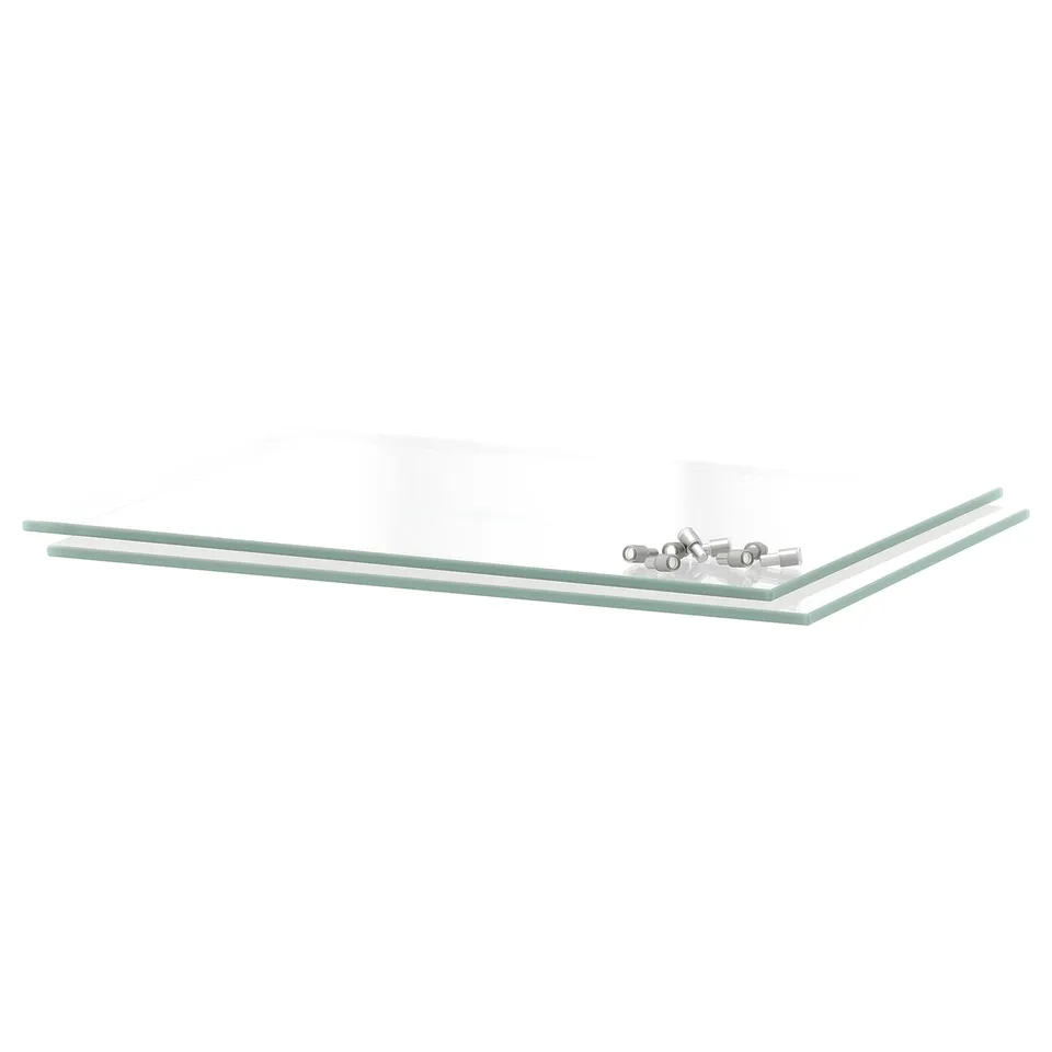 Clear glass shelf, simple design, rectangular shape. Ideal for kitchen storage, 25-year guarantee.