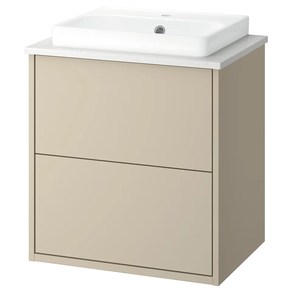 HAVBÄCK light beige bathroom vanity, rectangular ceramic sink, modern design.