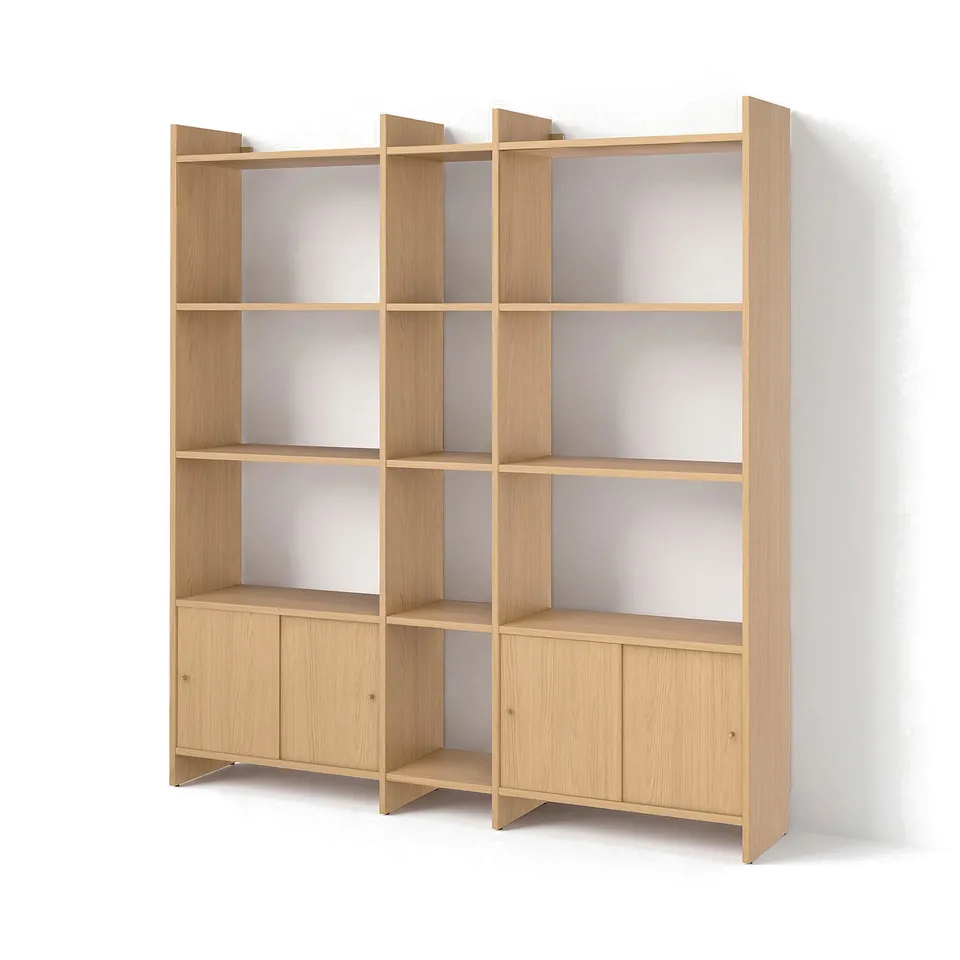 LÅDMAKARE Storage combination w sliding doors, with 11 shelves/oak effect, 198x35x212 cm