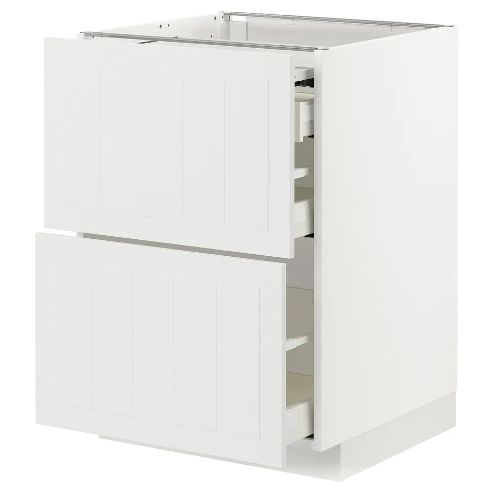 A white METOD kitchen cabinet with a drawer. The cabinet a smooth, light wood design and includes a full-extension drawer.