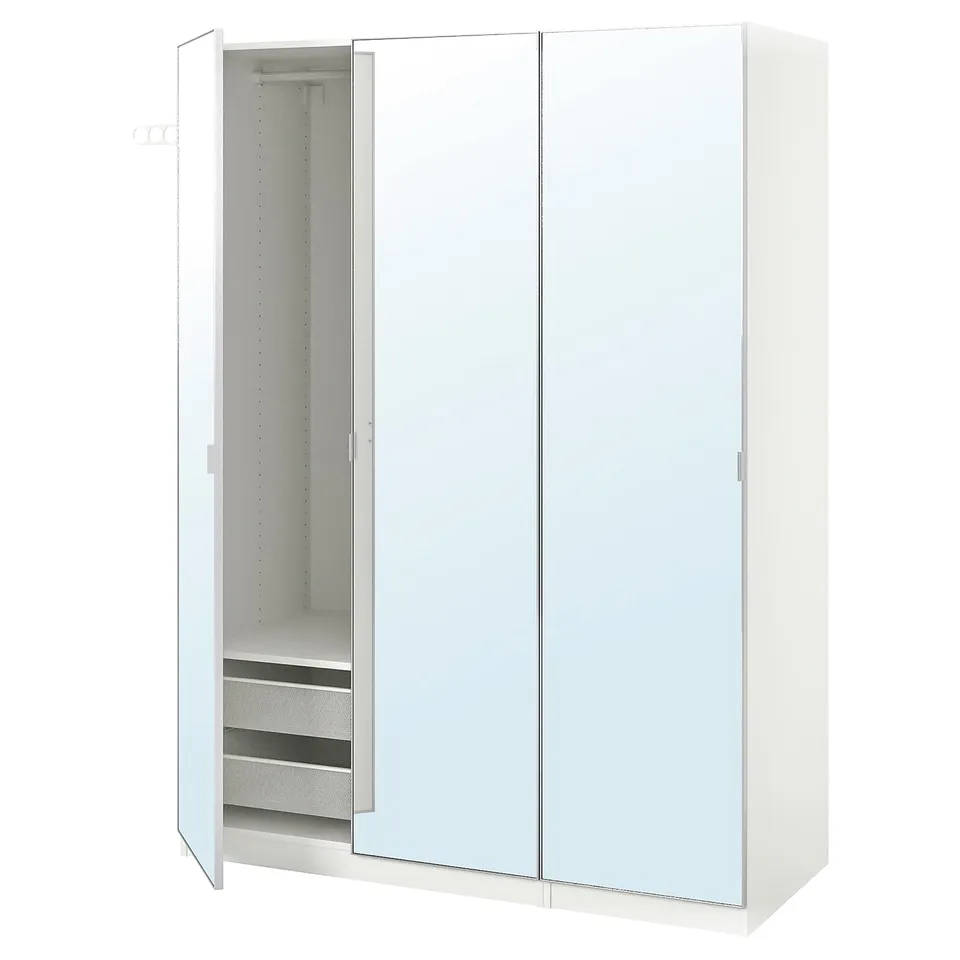 White PAX wardrobe, 3 doors, mirrors, metal hinges, adjustable feet, mesh basket inside.