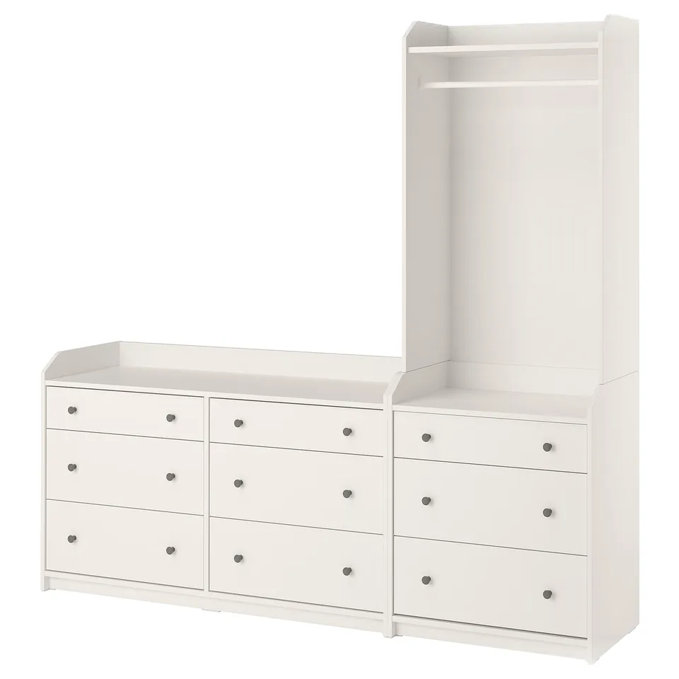 HAUGA white storage: 6-drawer chest, 3-drawer wardrobe, wall-mounted.