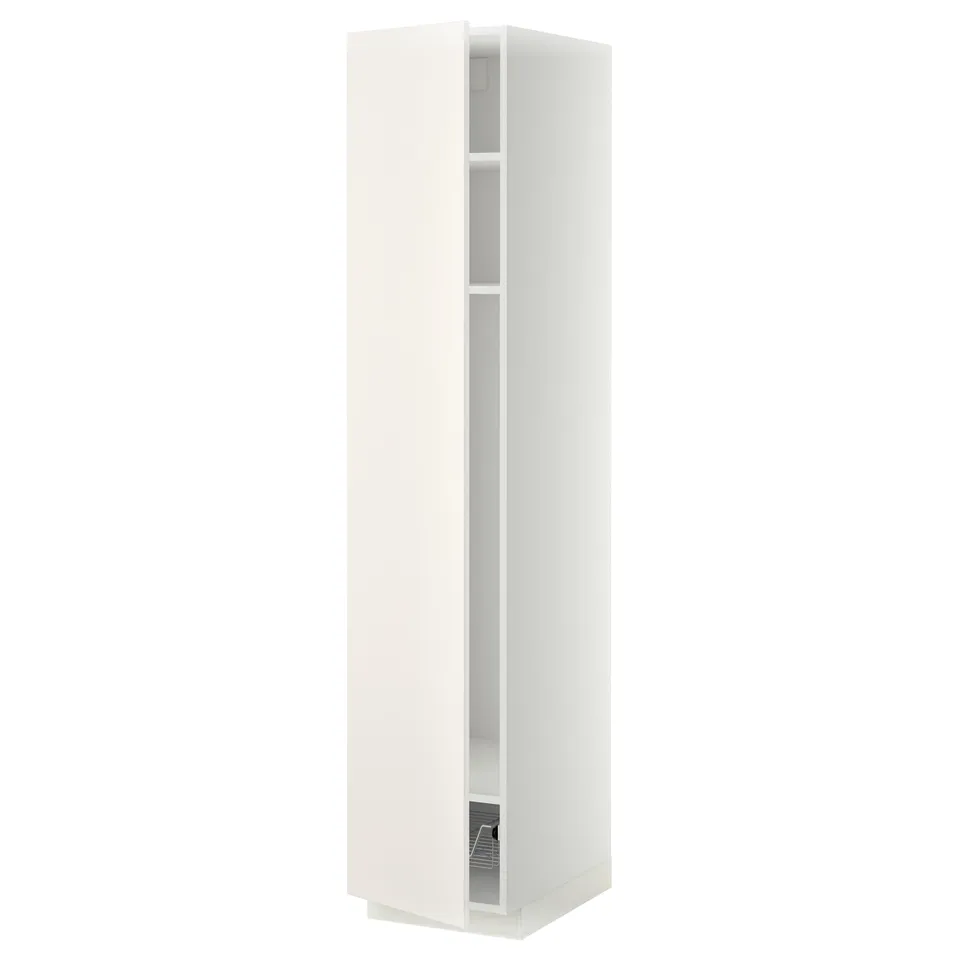 A white METOD tall kitchen cabinet with an adjustable shelf and a wire basket, featuring a sleek modern design.