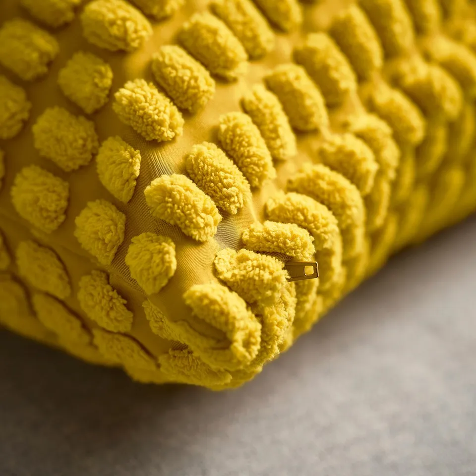 Soft yellow cushion cover, textured pattern, recycled polyester, zip closure.