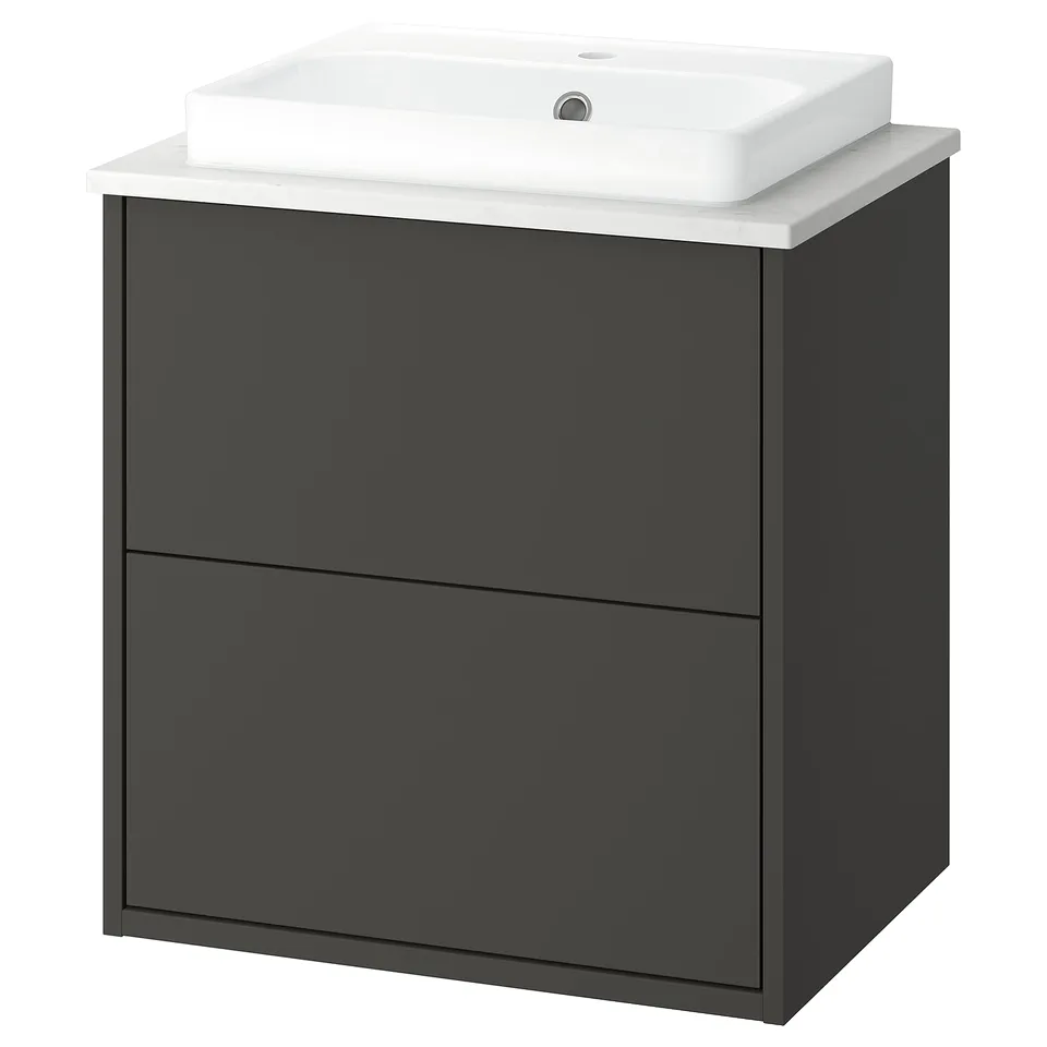 A dark grey HAVBÄCK vanity with a white countertop and built-in rectangular basin, modern design with sleek lines.
