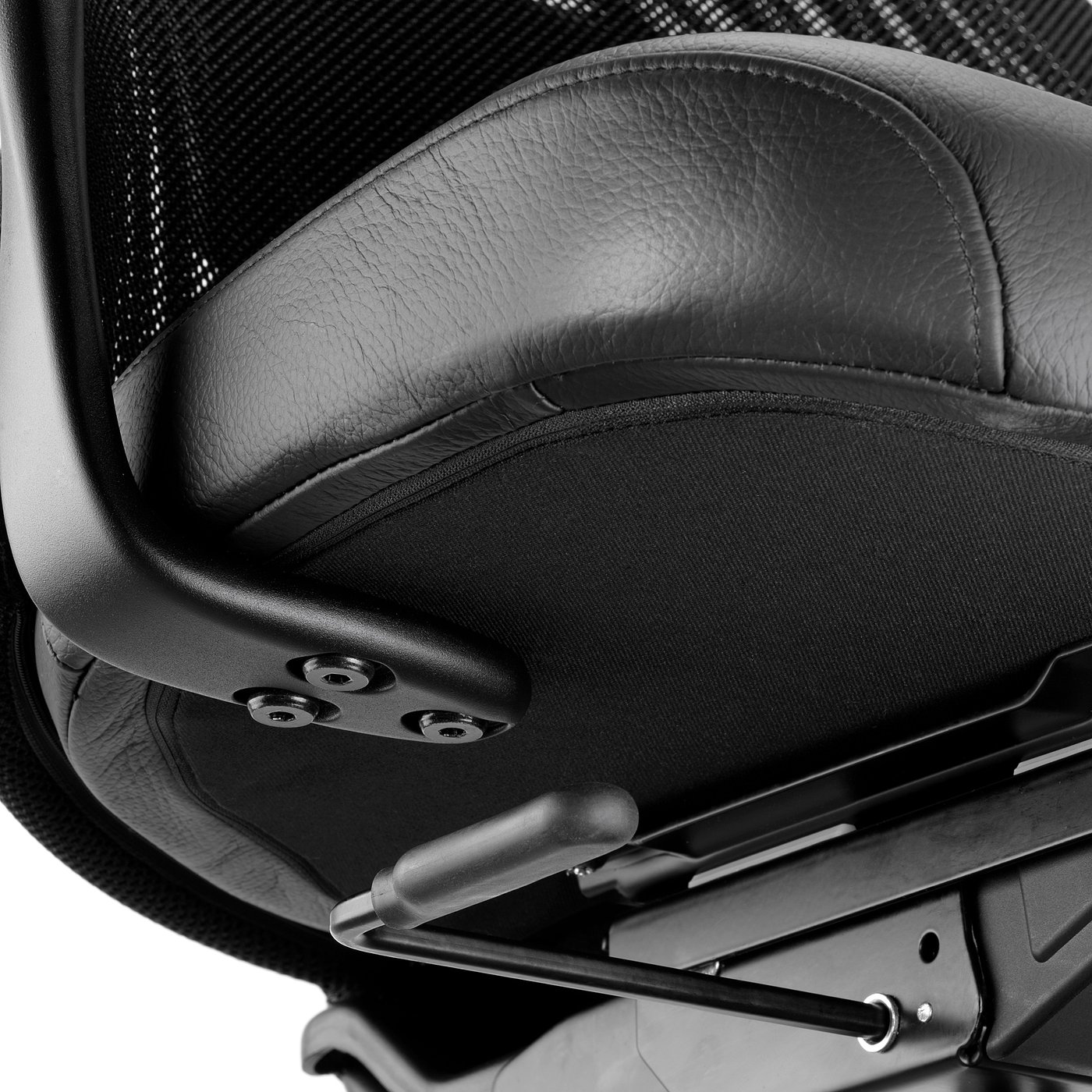 Ergonomic office chair closeup. Luxe leather seat, mesh back, adjustable.