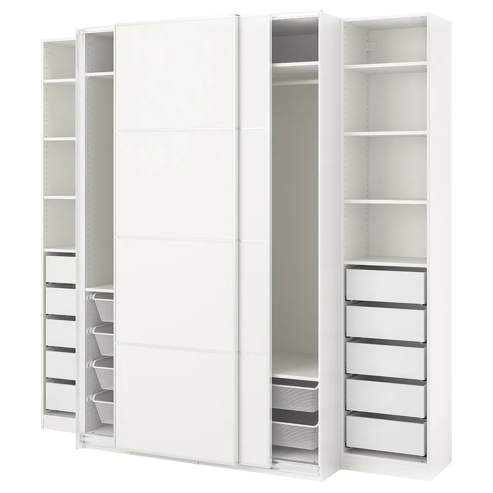 White PAX wardrobe with sliding doors, mesh baskets, and adjustable shelves for organised storage.