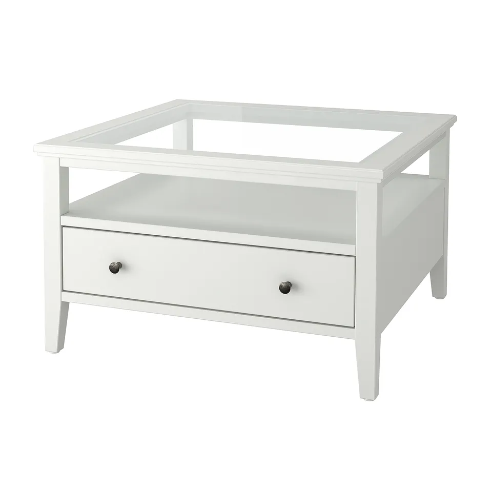 White glass-top coffee table with wooden frame and single drawer. Modern & functional home decor.