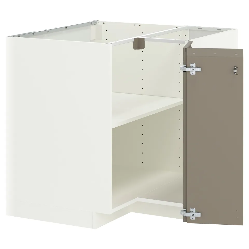 METOD Corner base cabinet with shelf, white/Upplöv matt dark beige, 88x88x80 cm