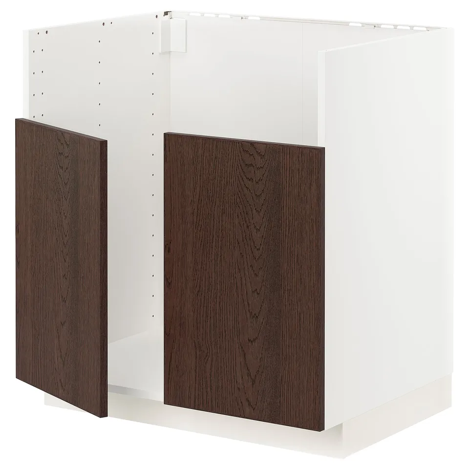A METOD kitchen unit with dark brown wooden doors and a white frame. It a modern design with clean lines and a sturdy construction.