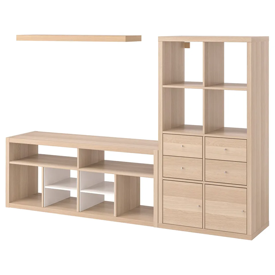 Wooden KALLAX shelving with compartments, drawers, and tv bench. Modern and modular.