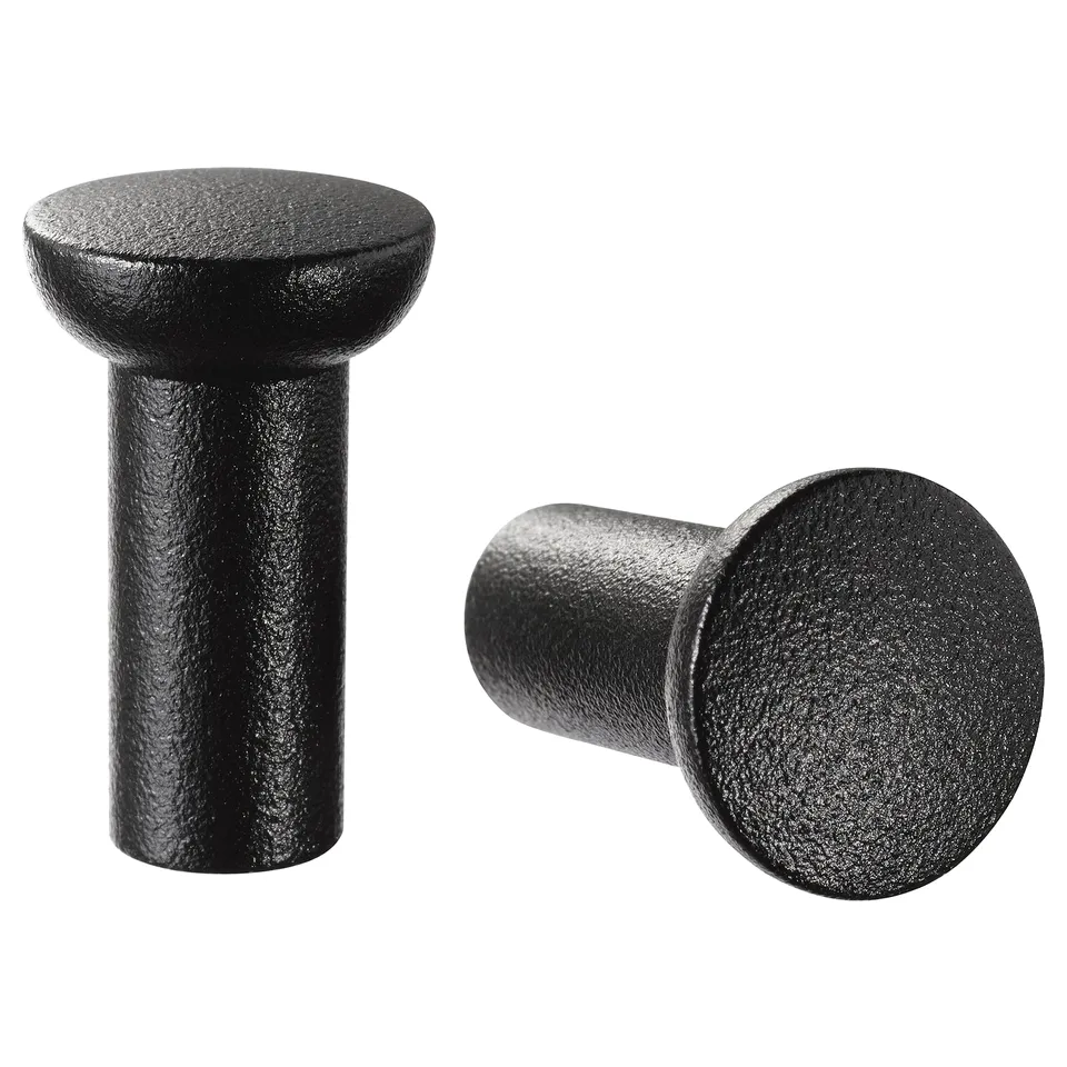 Two round black knobs with a smooth texture and cylindrical base, suitable for cabinet handles.