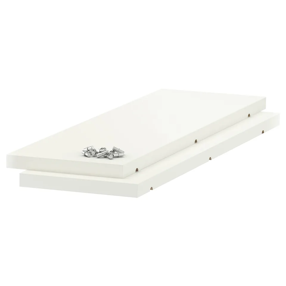 White UTRUSTA melamine shelf, rectangular, thick, flat-top with screws.