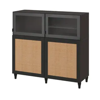 BESTÅ Sideboard, black-brown/GLASSVIK black/clear glass/STUDSVIKEN dark brown/woven poplar