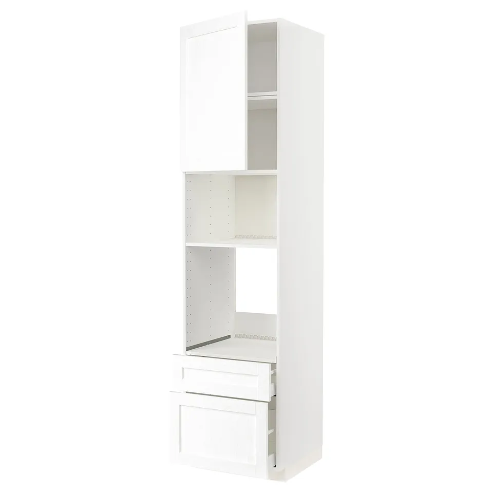 White METOD kitchen cabinet with shelves and drawers.