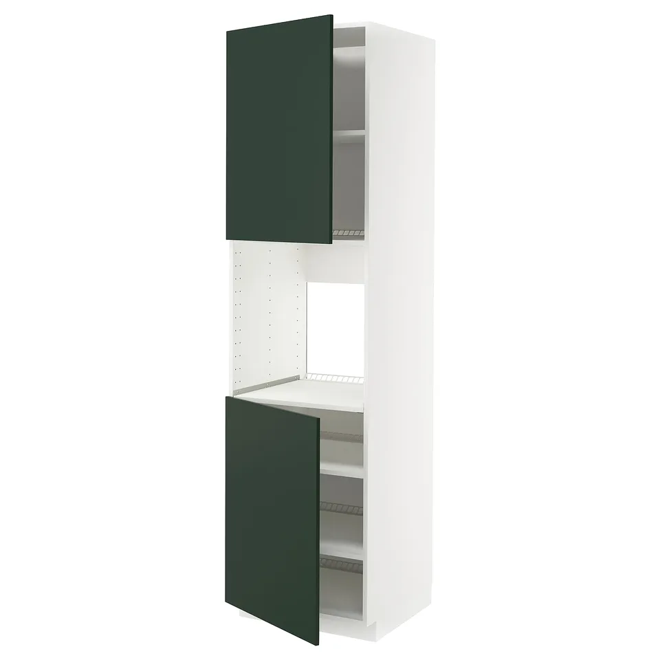A tall, white ikea METOD kitchen cabinet with green doors and adjustable shelves.