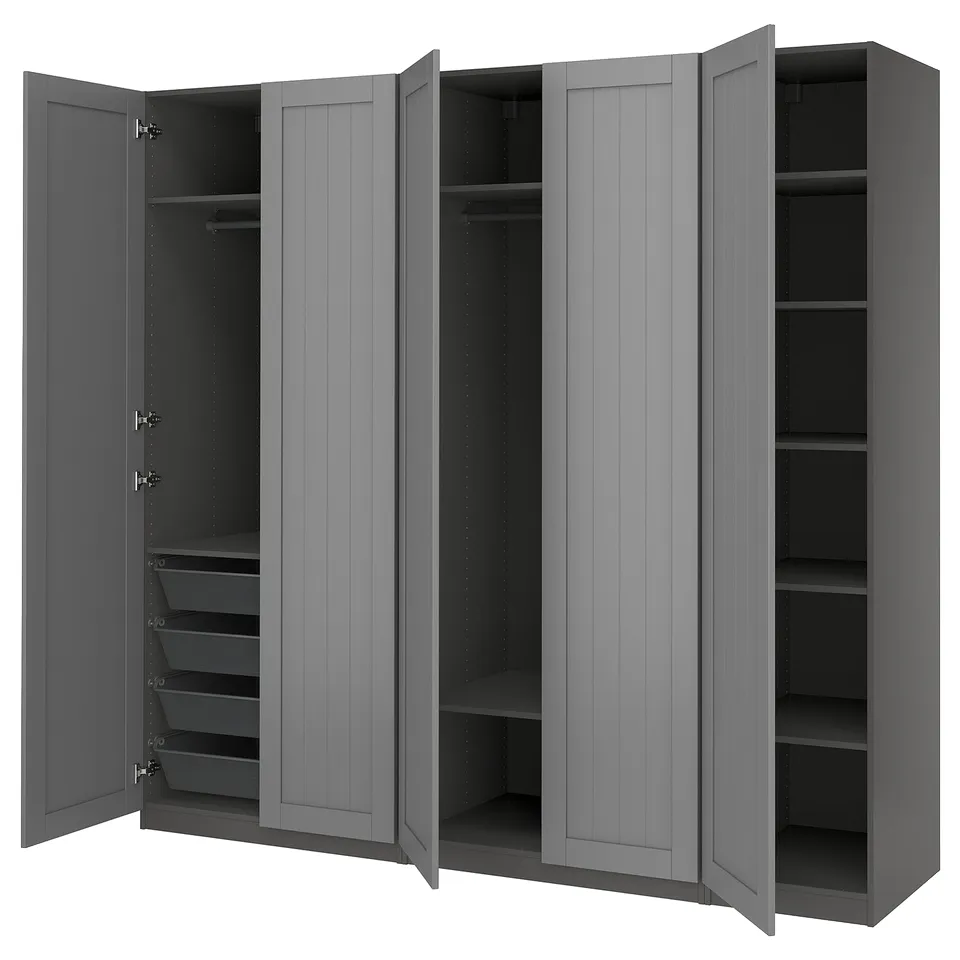 Grey PAX wardrobe with open doors; two sections, one with shelves and hanging rail, the other with drawers.