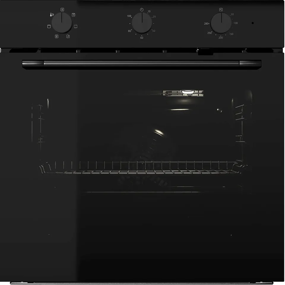 Black, modern oven with sleek frame and smoked glass door, control knobs on top.