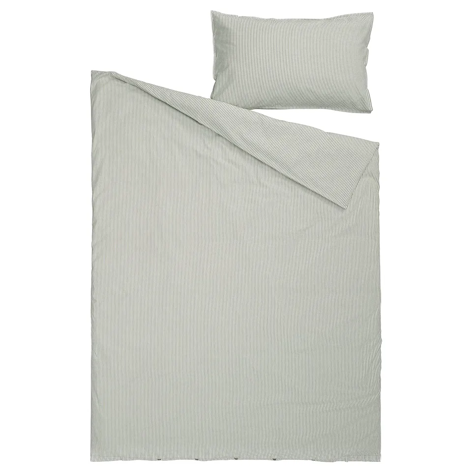 Black & white striped bedding set with pillow.