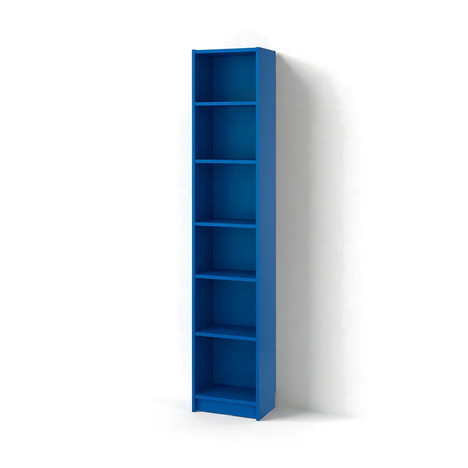 Tall blue bookcase with five empty shelves on white wall.