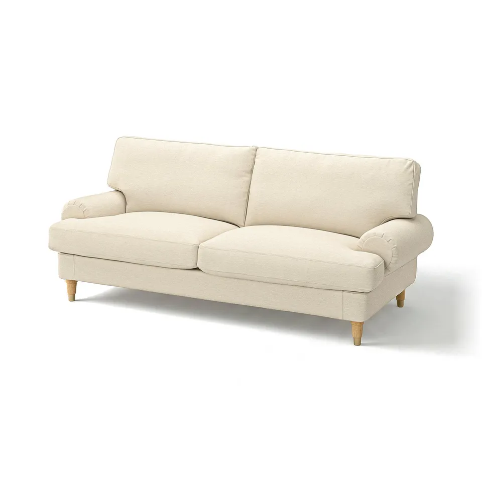 VALNÄS beige sofa, classic design with rolled arms; 76% cotton, 24% recycled polyester.