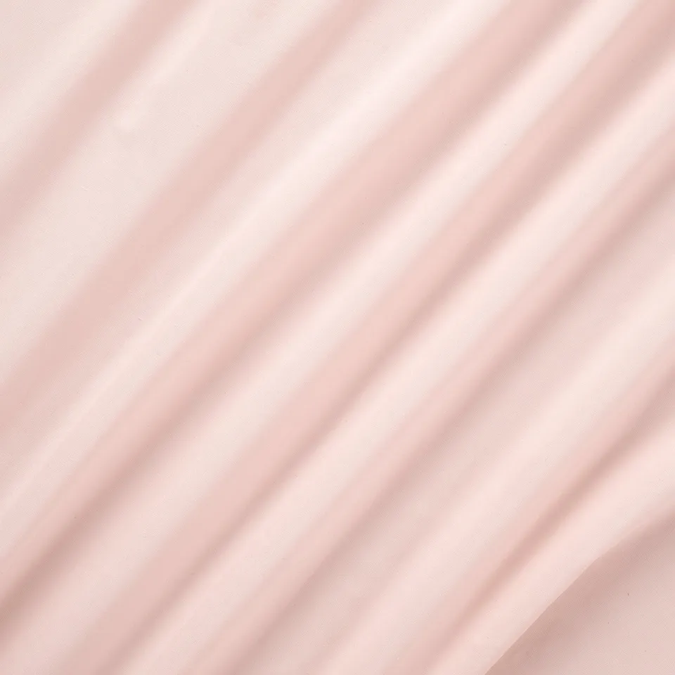 Light pink curtains, slightly sheer, hanging smoothly, offering soft, diffused light and privacy, with a delicate texture.