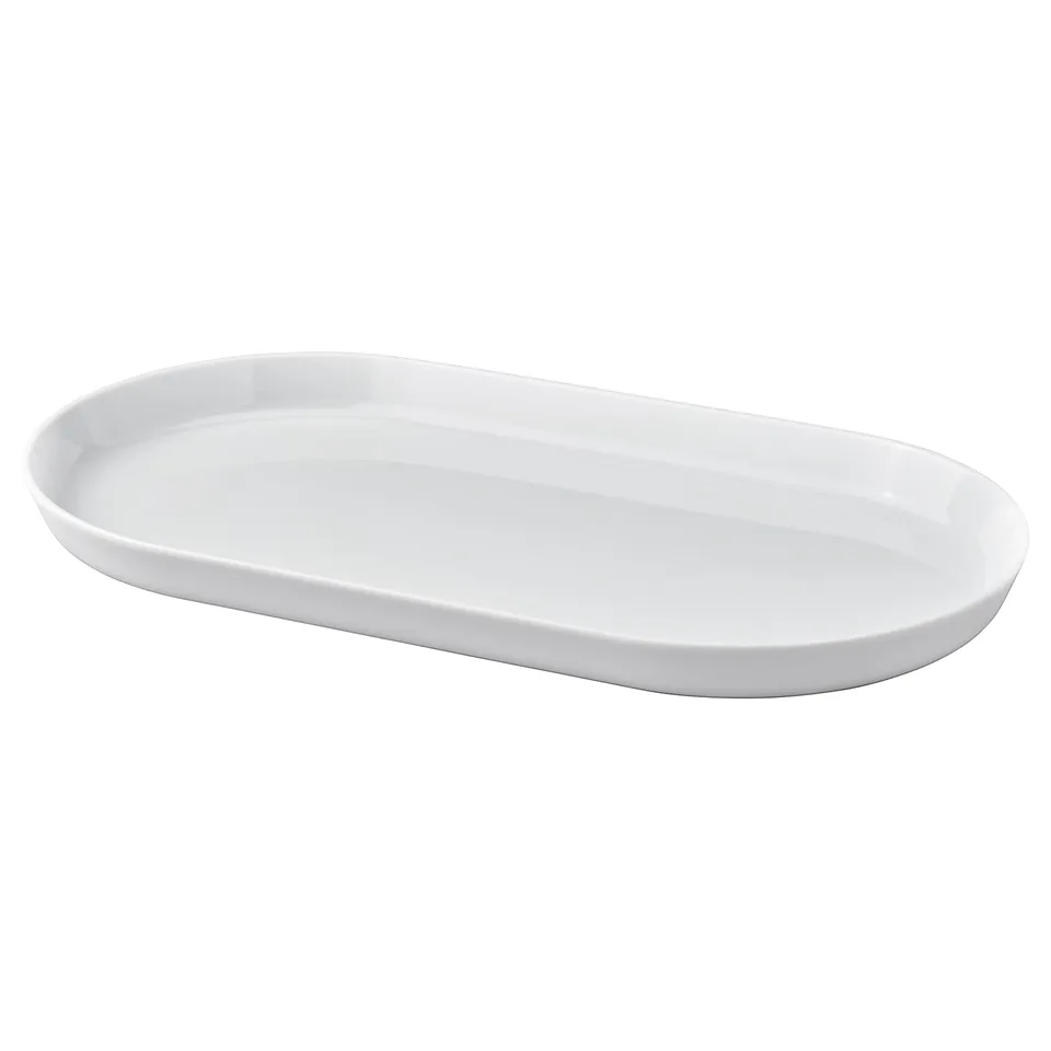 IKEA 365+ white oval serving tray; simple, durable porcelain design.