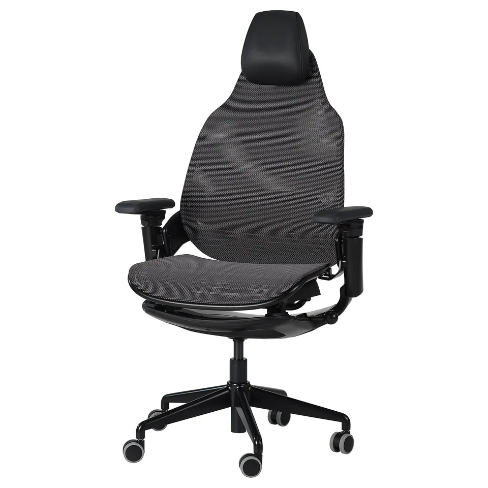 Black bästbol gaming chair with mesh back, adjustable headrest, armrests, and lumbar support for ergonomic comfort.