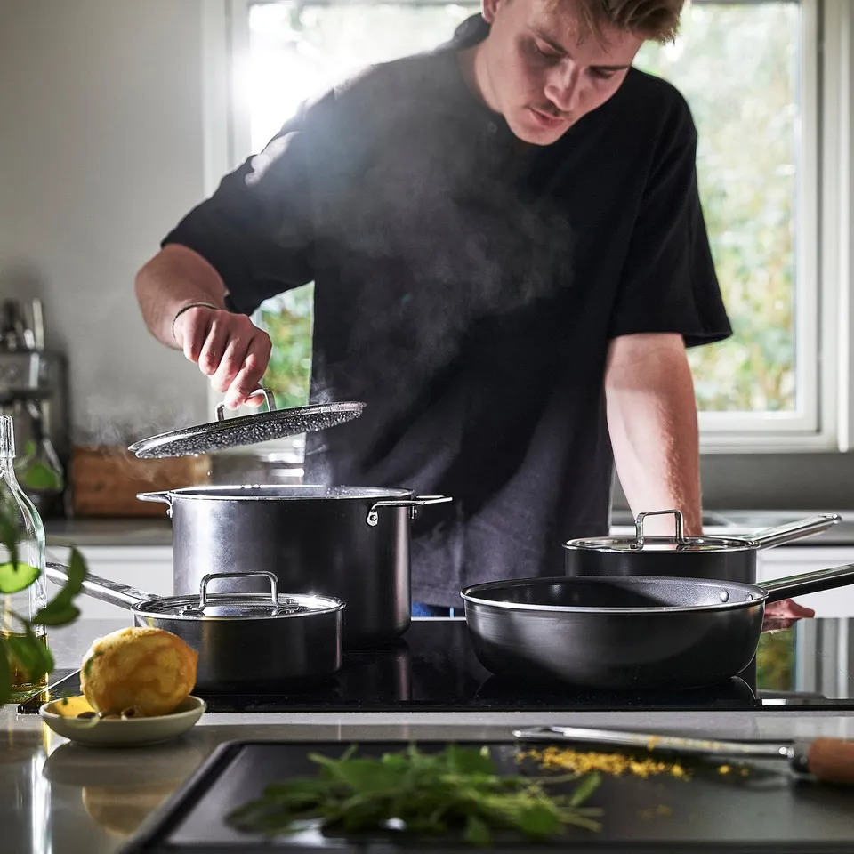 GULDÖRING 8-piece cookware set, non-stick coating stainless steel/black-grey