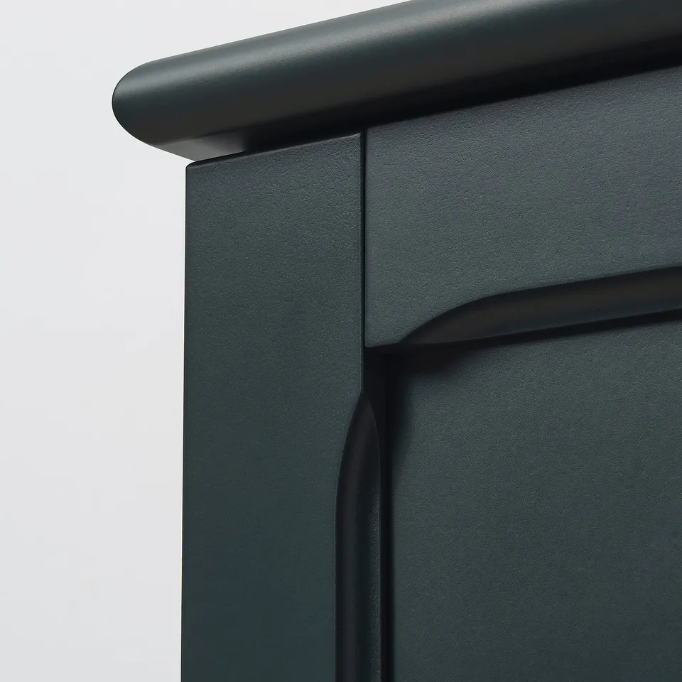Close-up of modern dark cabinet showing smooth, durable finish and sleek design.