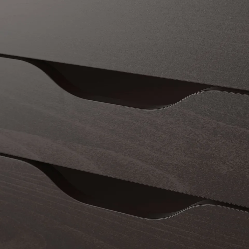 Textured charcoal wooden panels; sleek, modern design with curved edges.